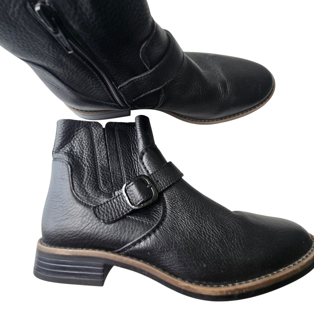 Clarks Collection Womens 9 Black Leather Ankle Boots Buckle Zip Moto Block Heel
